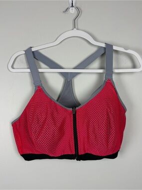 Victoria's Secret Knockout Sports Bra Zip Front Grey Coral Mesh Overlay 38DD